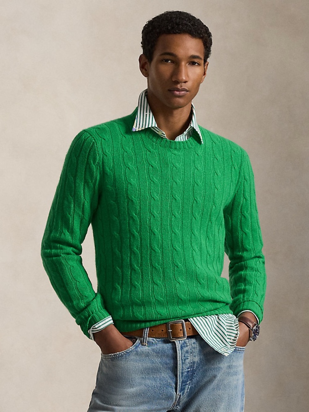 Brooks Brothers Green Cable Knit Crewneck Sweater